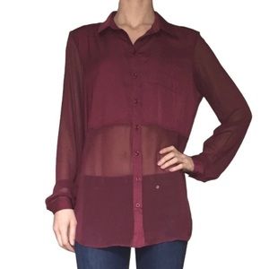 Free People Burgundy Sheer Button Down Shirt